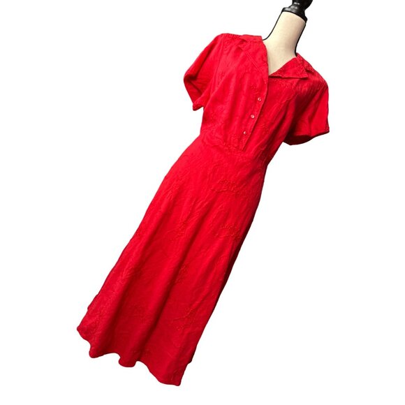 Lane Bryant Red Retro Shirt Dress Linen Rayon Red Red Embroidery Unlined 18W - Picture 4 of 7